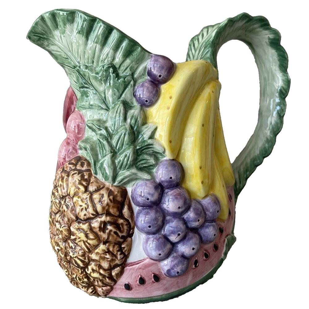 Vintage 1988 Fitz & Floyd Calypso Fruit Ceramic Pitcher 1.75 Quart Hand Painted